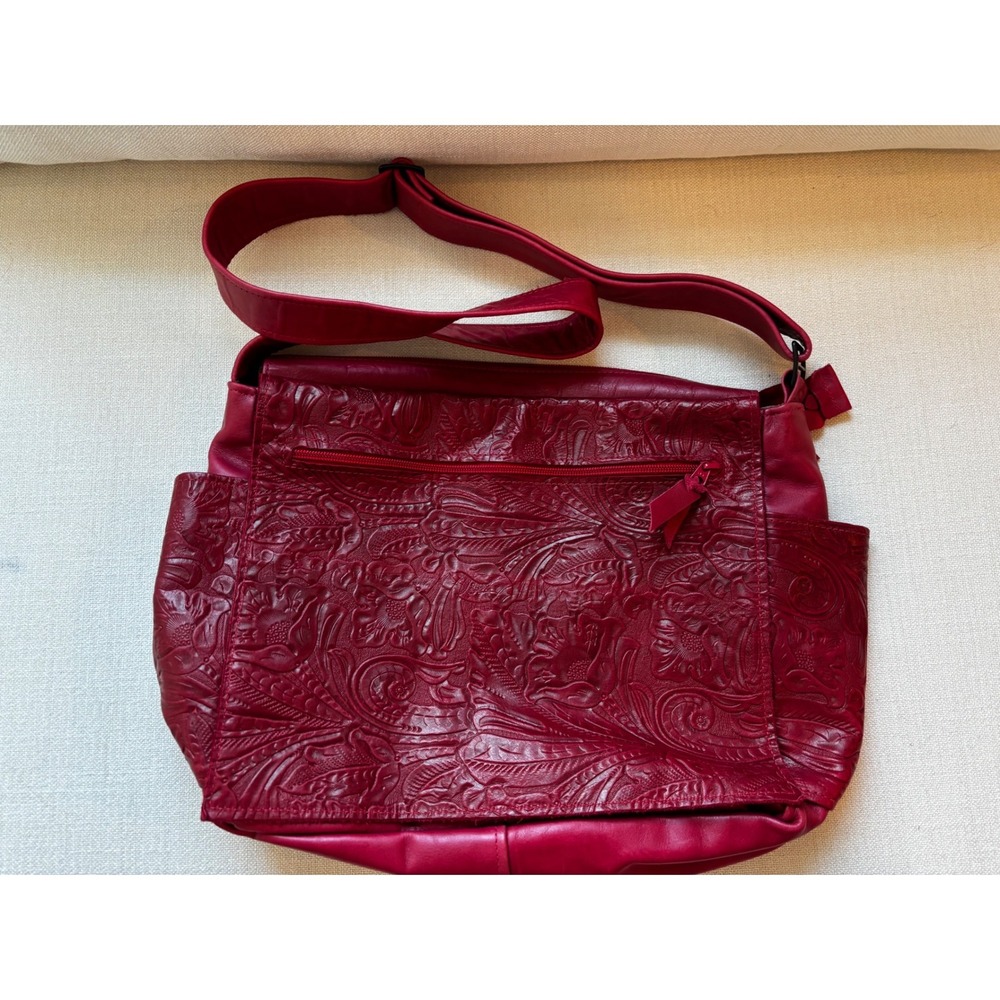 Stickman Leather Messenger‎ Bag Red Floral Embossed Crossbody Artisan Tooled